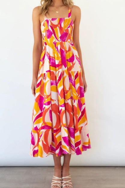 Printed Smocked Square Neck Tiered Sleeveless Dress - Casual & Maxi Dresses - FITGGINS