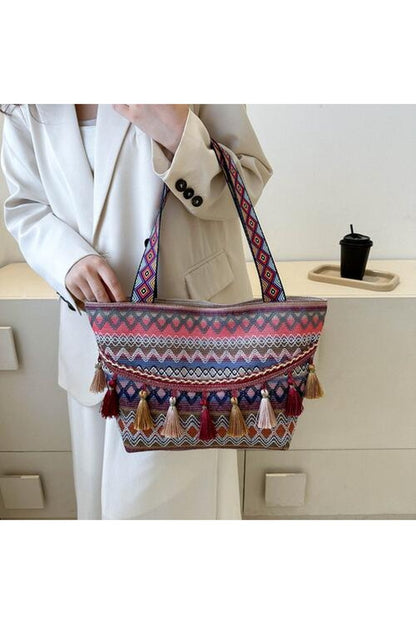 Printed Tassel Detail Tote Bag - Handbag - FITGGINS