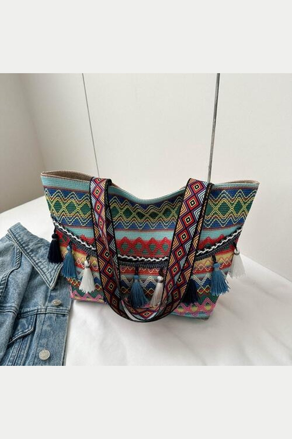 Printed Tassel Detail Tote Bag - Handbag - FITGGINS