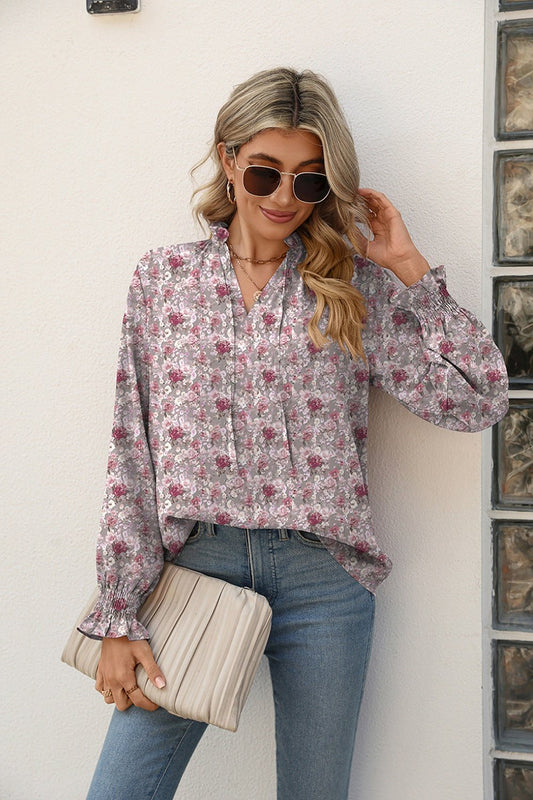 Printed Tie Neck Flounce Sleeve Blouse - Blouses - FITGGINS