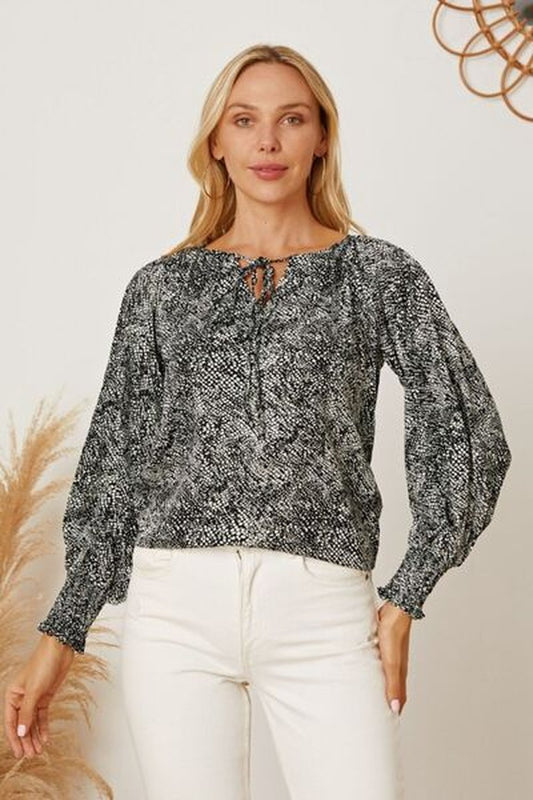 Printed Tie Neck Lantern Sleeve Blouse - Blouses - FITGGINS