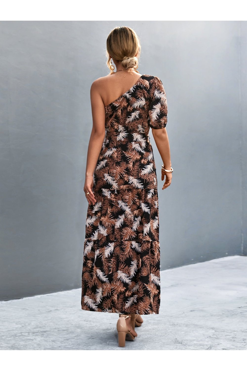 Printed Tie Waist One Shoulder Maxi Dress - Casual & Maxi Dresses - FITGGINS