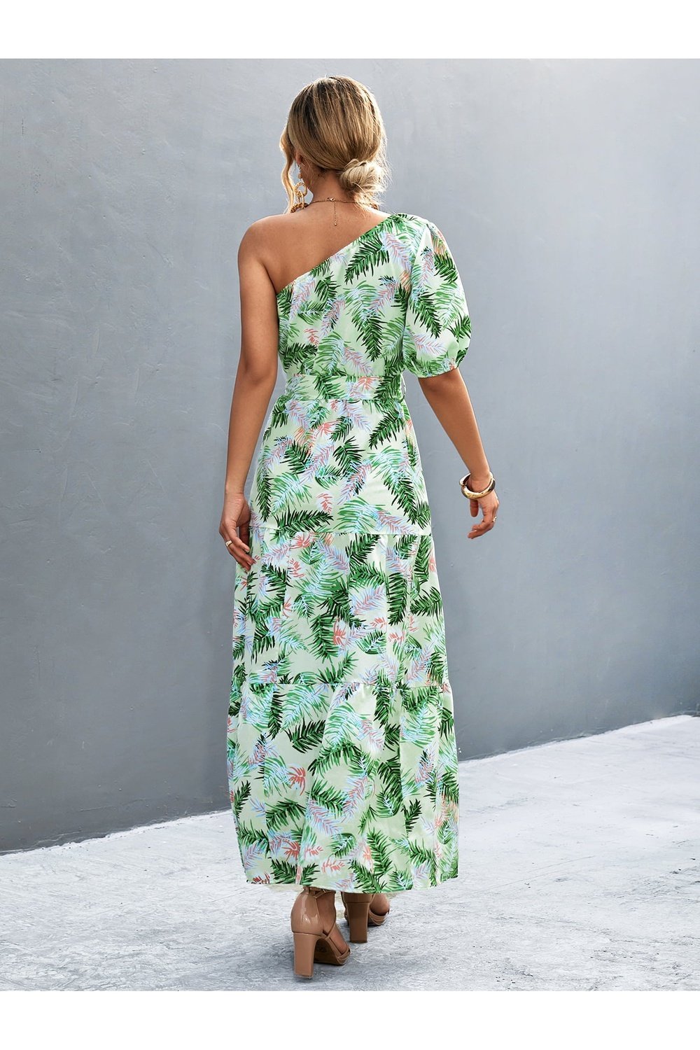 Printed Tie Waist One Shoulder Maxi Dress - Casual & Maxi Dresses - FITGGINS