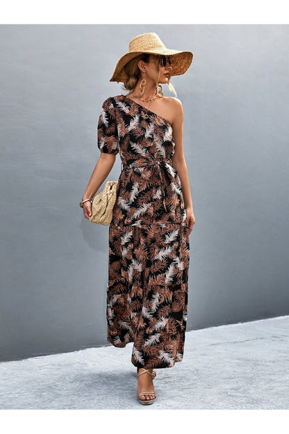 Printed Tie Waist One Shoulder Maxi Dress - Casual & Maxi Dresses - FITGGINS