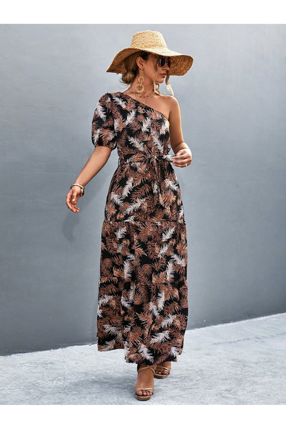 Printed Tie Waist One Shoulder Maxi Dress - Casual & Maxi Dresses - FITGGINS