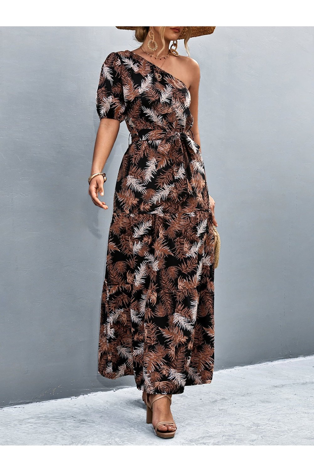 Printed Tie Waist One Shoulder Maxi Dress - Casual & Maxi Dresses - FITGGINS