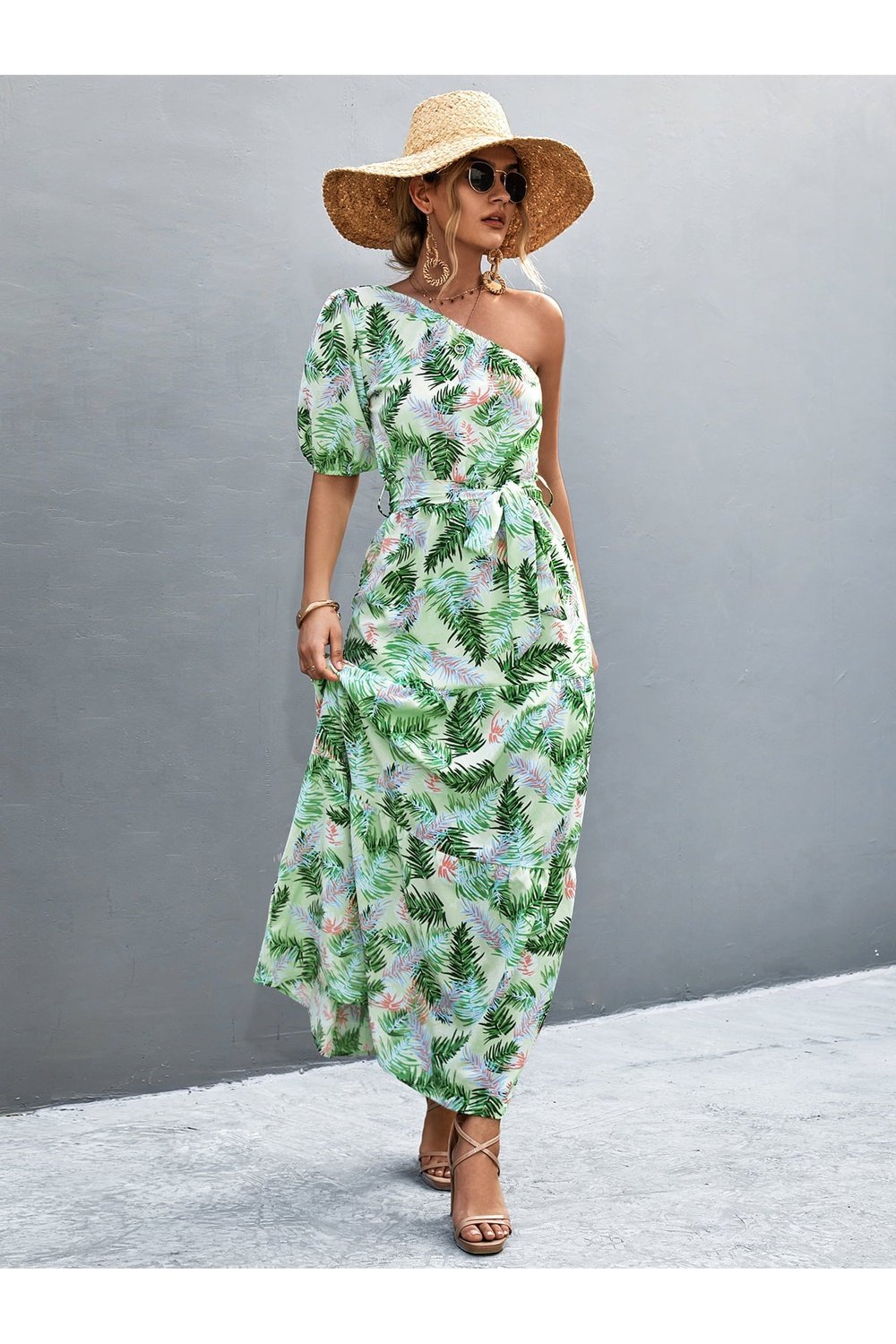 Printed Tie Waist One Shoulder Maxi Dress - Casual & Maxi Dresses - FITGGINS