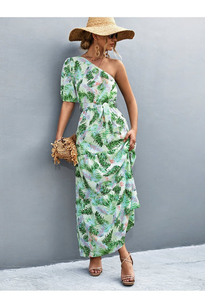 Printed Tie Waist One Shoulder Maxi Dress - Casual & Maxi Dresses - FITGGINS