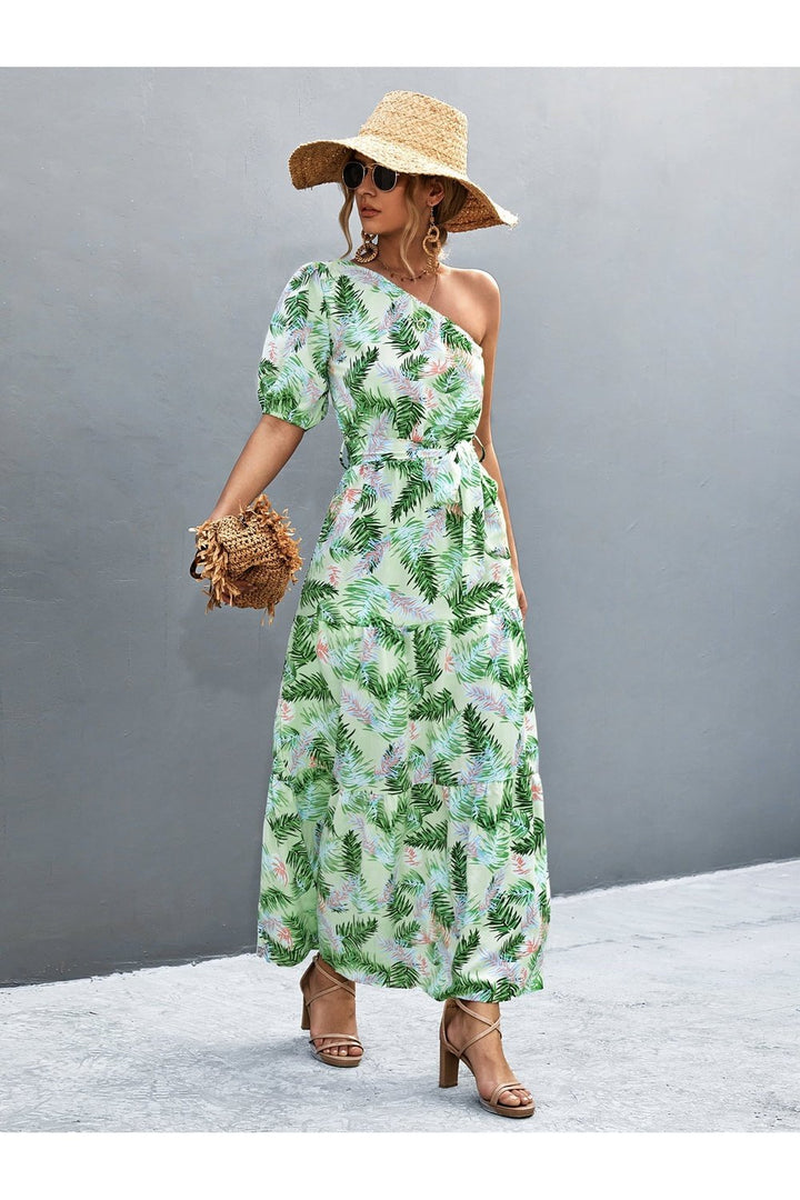 Printed Tie Waist One Shoulder Maxi Dress - Casual & Maxi Dresses - FITGGINS