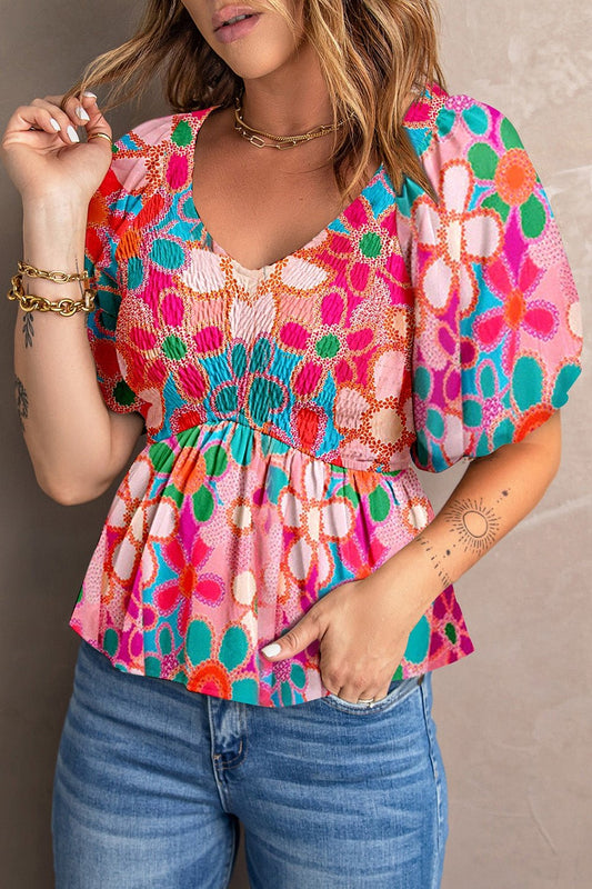 Printed V-Neck Babydoll Blouse - Blouses - FITGGINS