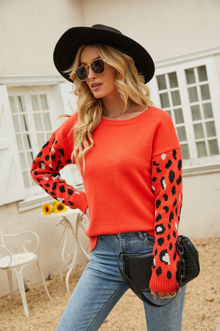 Printed Dropped Shoulder Round Neck Sweater - Pullover Sweaters - FITGGINS