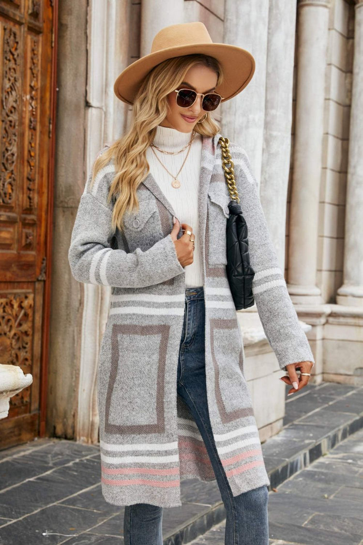 Printed Open Front Hooded Longline Cardigan - Cardigans - FITGGINS