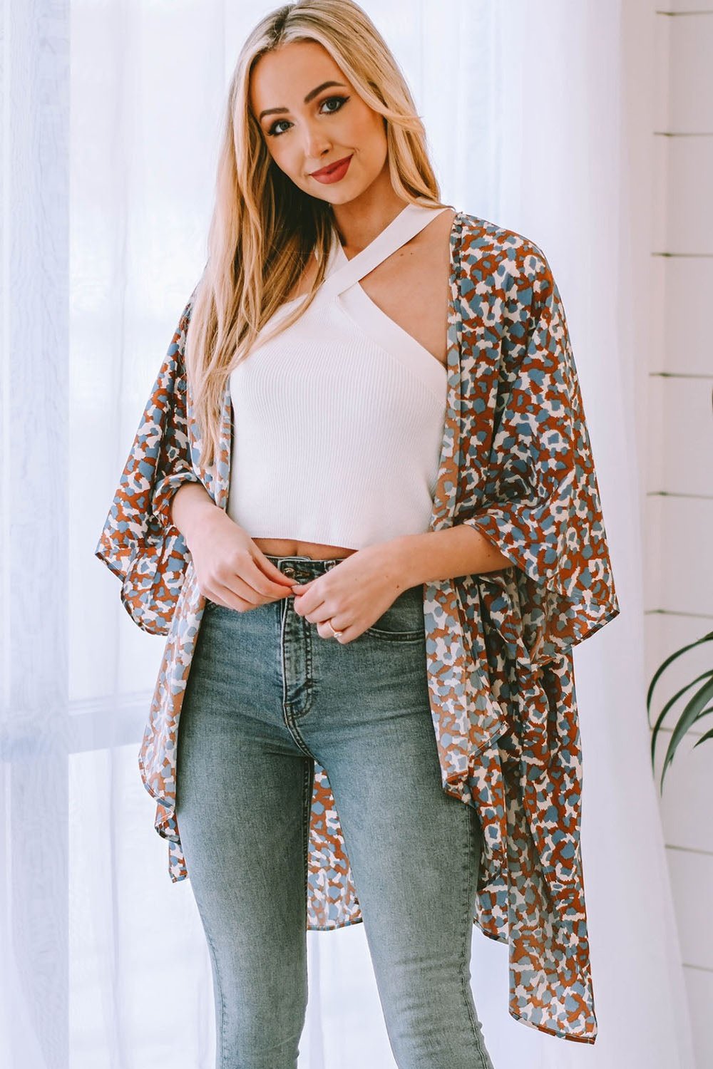 Printed Open Front Three-Quarter Sleeve Cover Up - Cover-Ups - FITGGINS