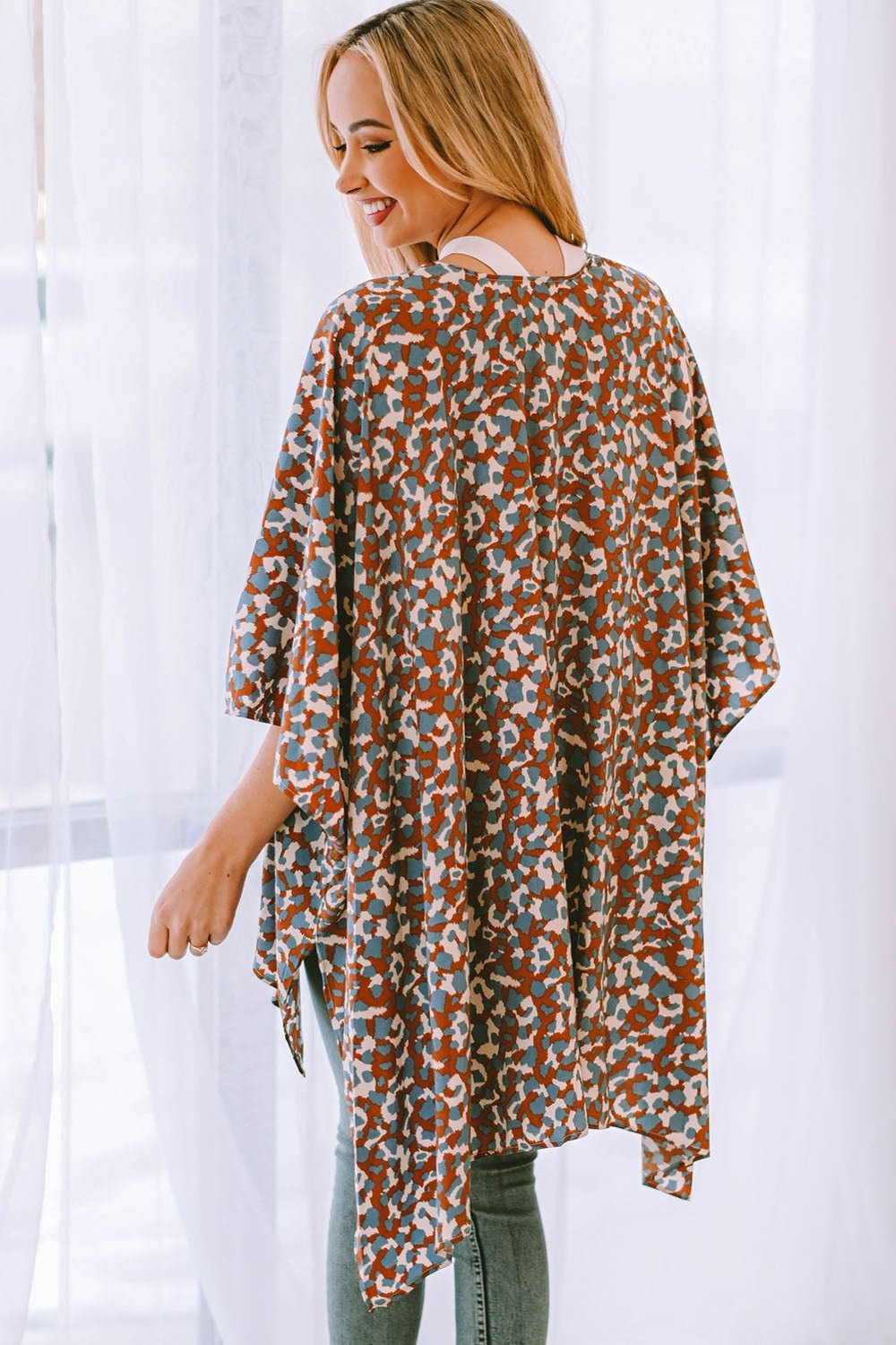 Printed Open Front Three-Quarter Sleeve Cover Up - Cover-Ups - FITGGINS