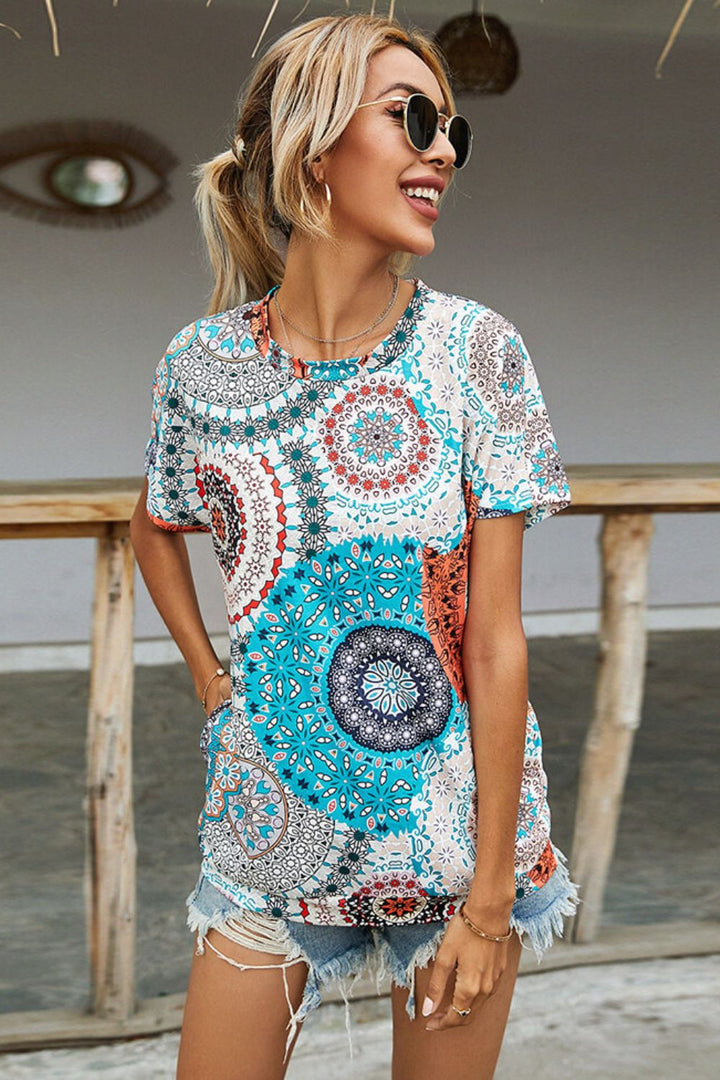 Printed Round Neck Short Sleeve Tee - T-Shirts - FITGGINS
