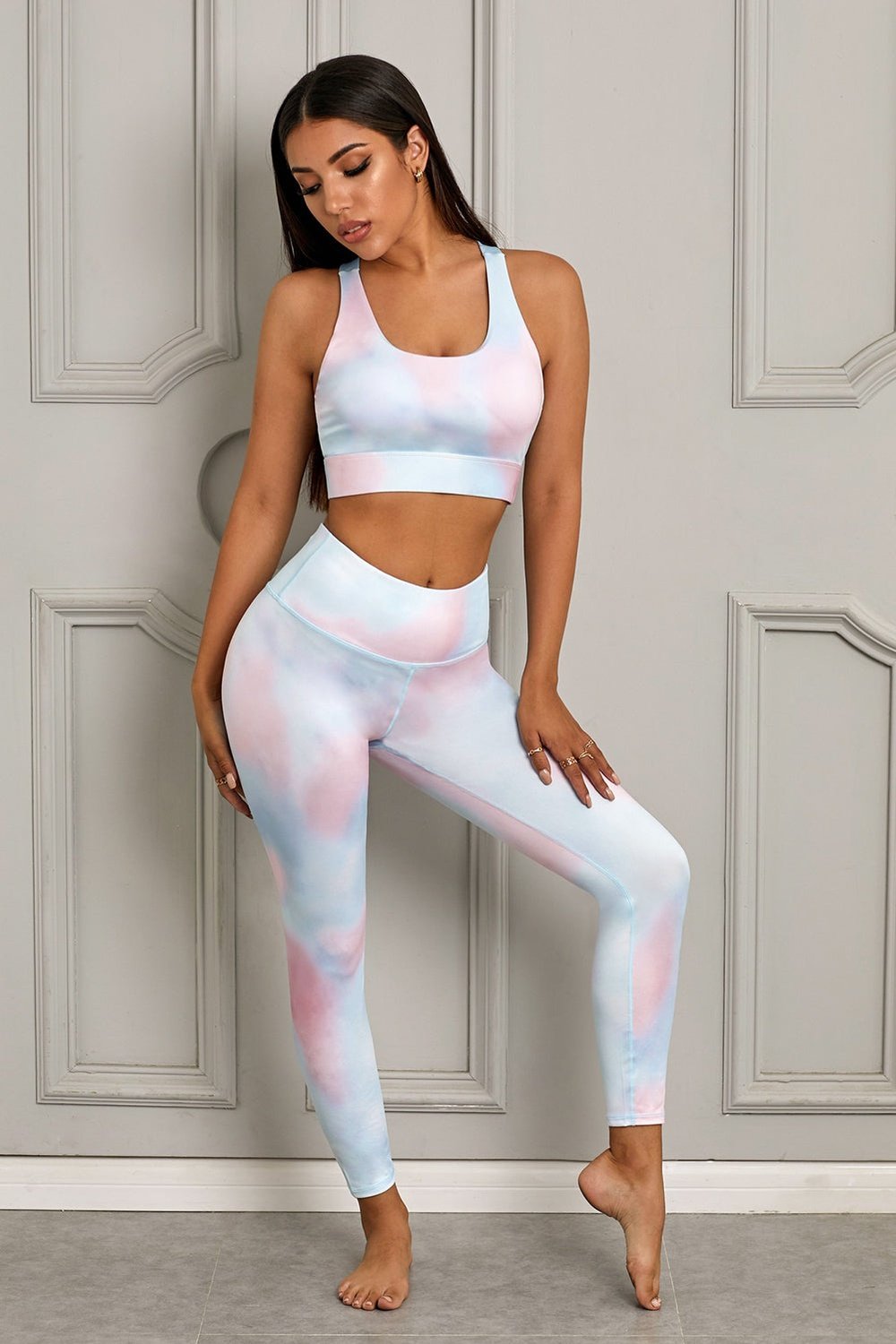Printed Sports Bra and Leggings Set - Active Set - FITGGINS