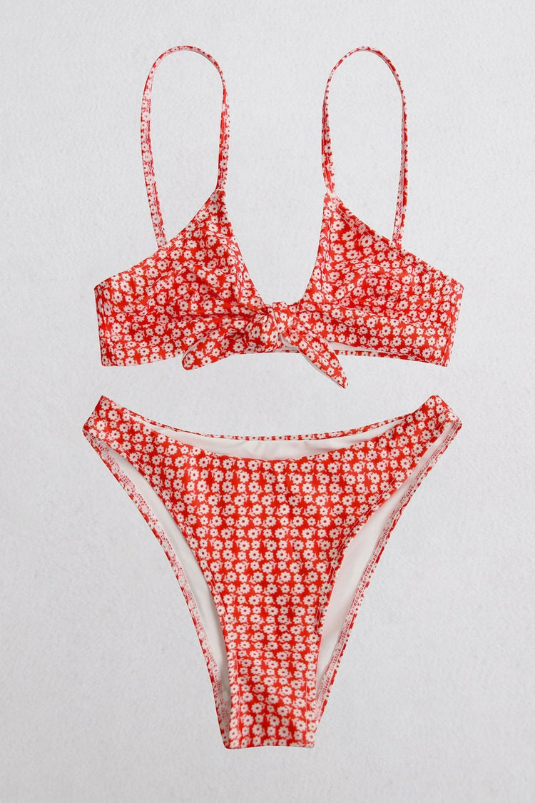 Printed Tie Front Spaghetti Strap Bikini Set - Bikinis & Tankinis - FITGGINS
