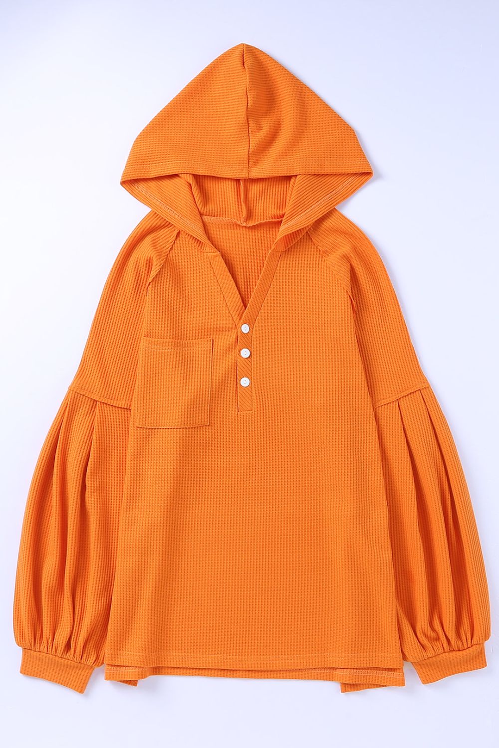 Puff Sleeve Side Slit Buttoned Waffle Knit Hoodie - Sweatshirts & Hoodies - FITGGINS