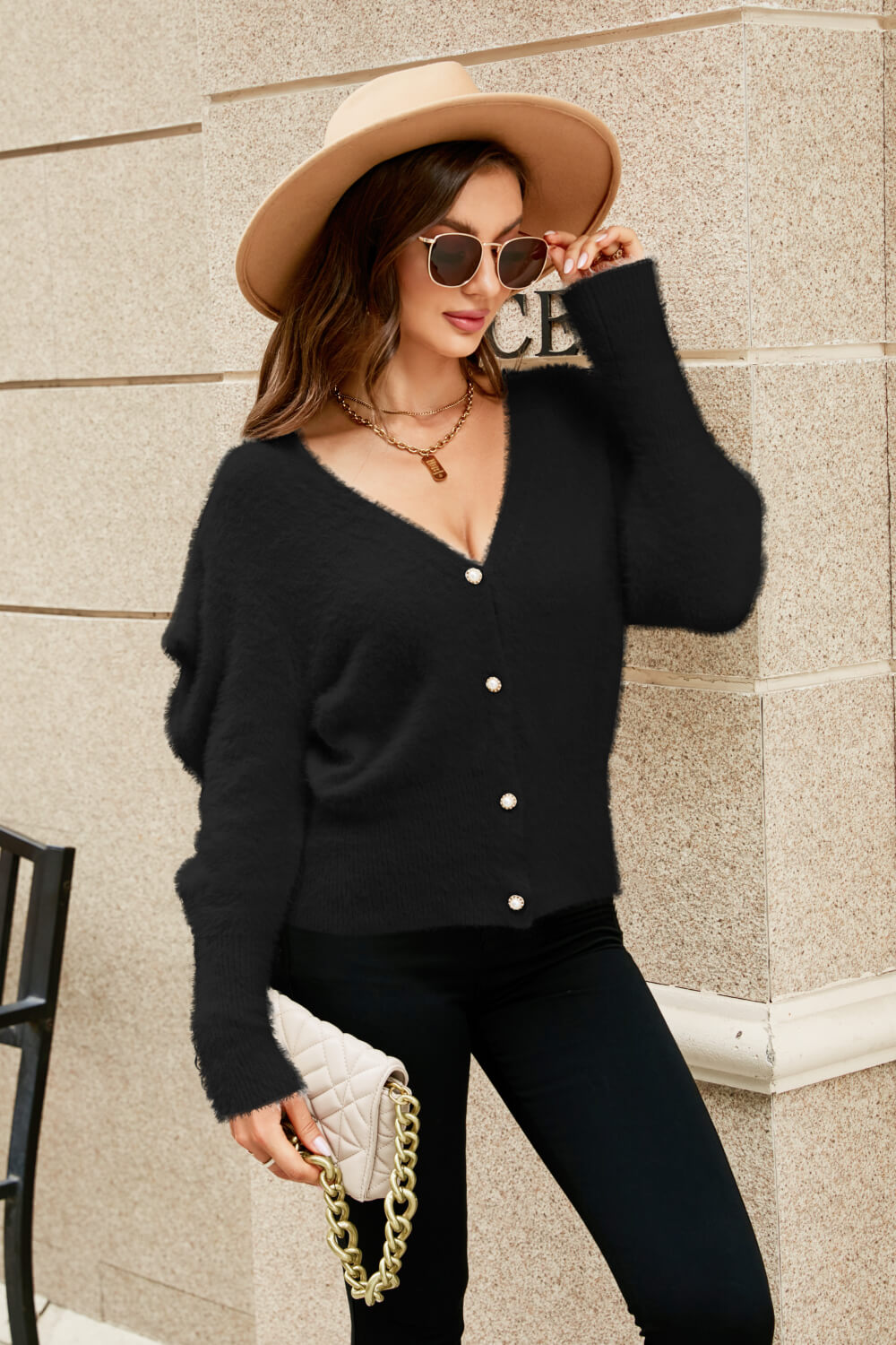 Puff Sleeve V-Neck Fuzzy Cardigan - Cardigans - FITGGINS