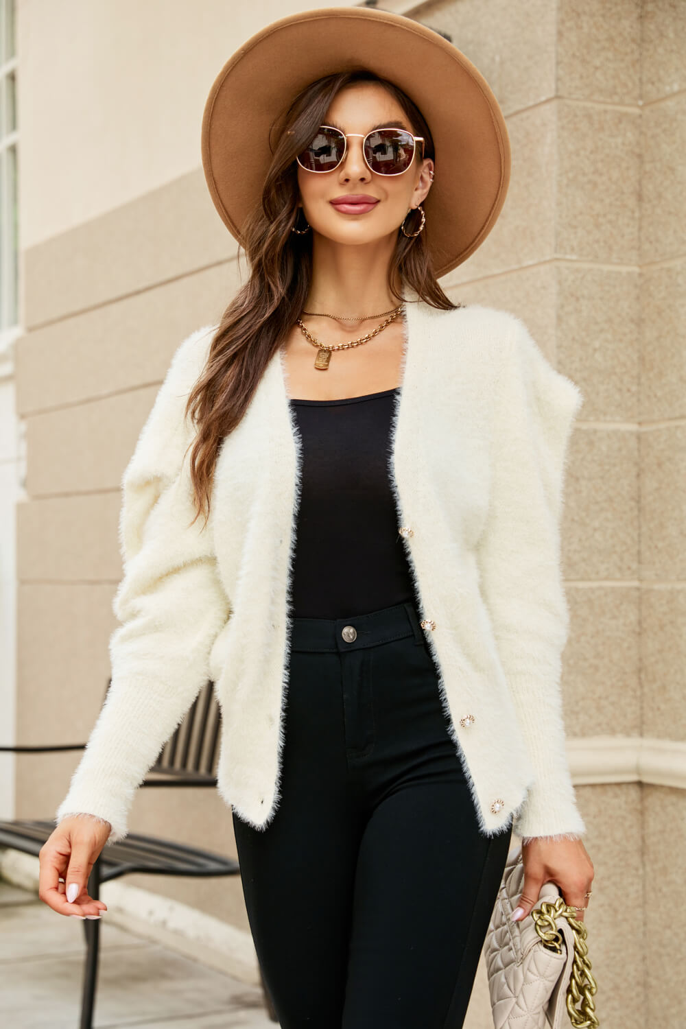 Puff Sleeve V-Neck Fuzzy Cardigan - Cardigans - FITGGINS
