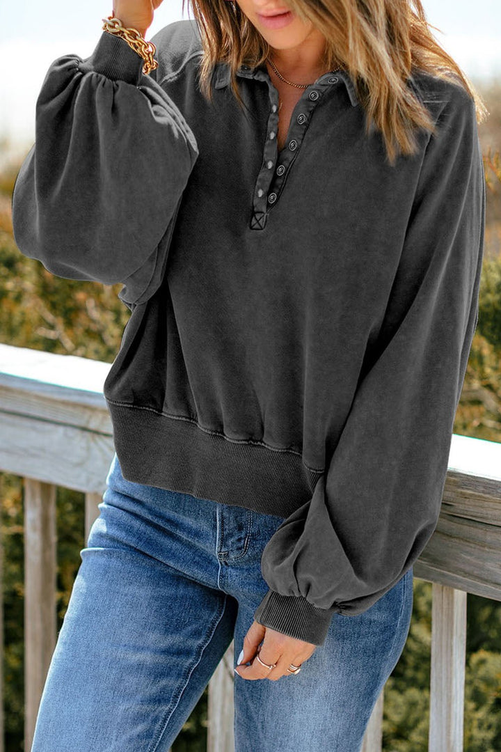 Quarter-Snap Collared Lantern Sleeve Sweatshirt - Sweatshirts & Hoodies - FITGGINS