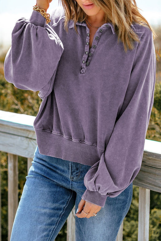 Quarter-Snap Collared Lantern Sleeve Sweatshirt - Sweatshirts & Hoodies - FITGGINS