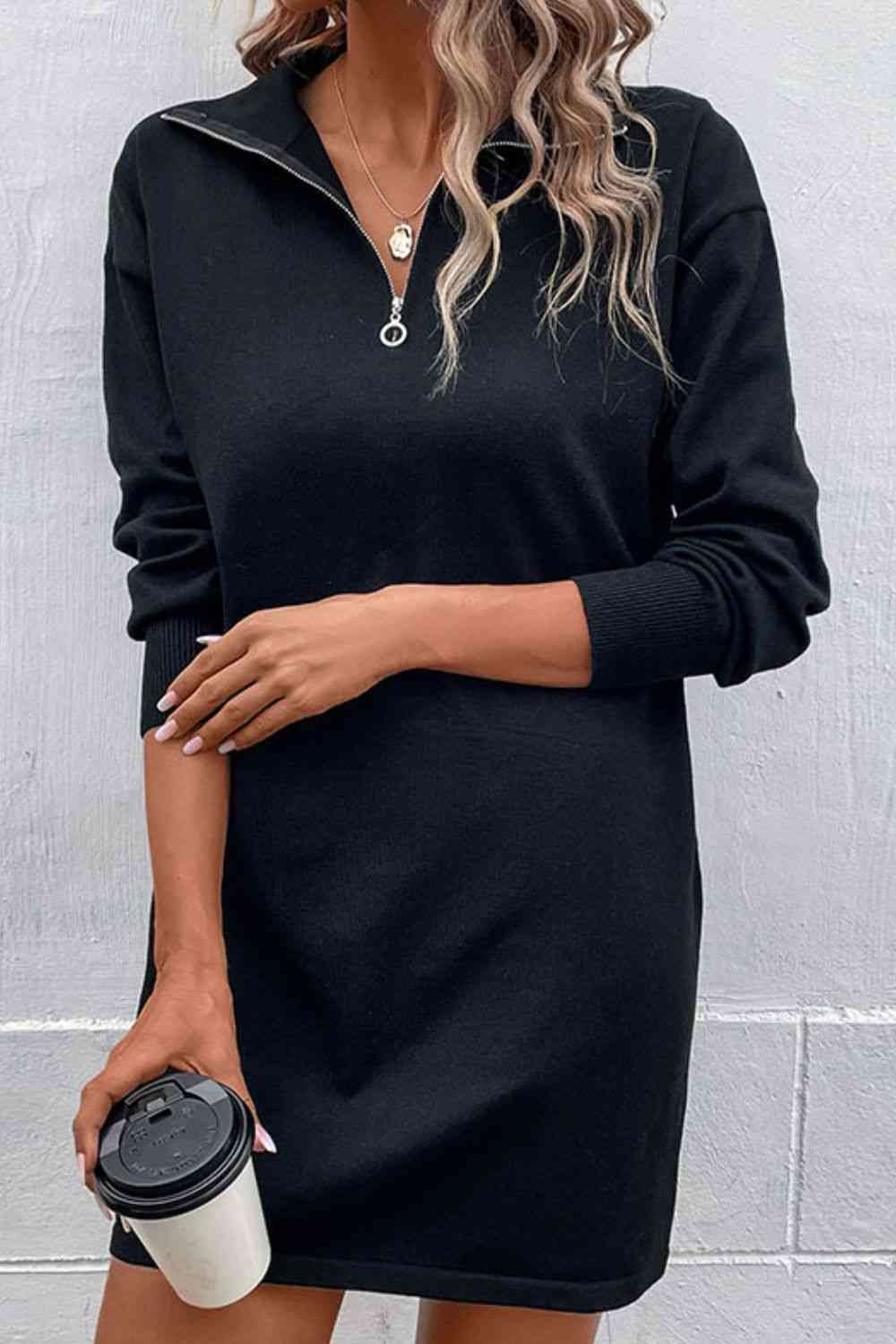 Quarter-Zip Dropped Shoulder Knit Dress - Sweater Dresses - FITGGINS