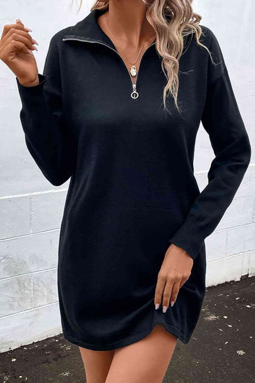 Quarter-Zip Dropped Shoulder Knit Dress - Sweater Dresses - FITGGINS