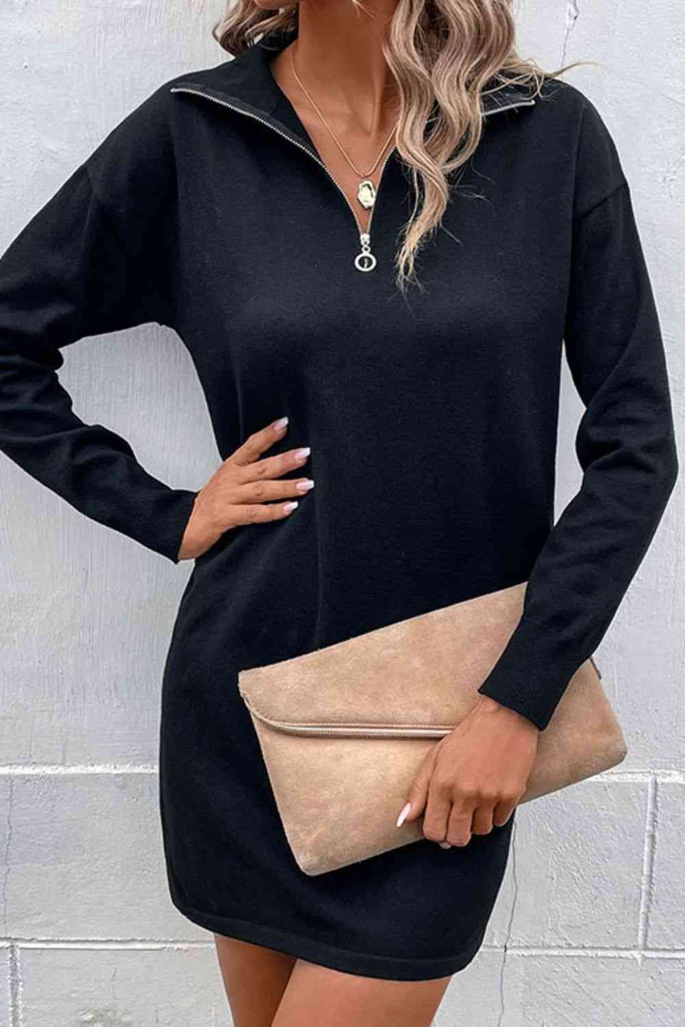 Quarter-Zip Dropped Shoulder Knit Dress - Sweater Dresses - FITGGINS