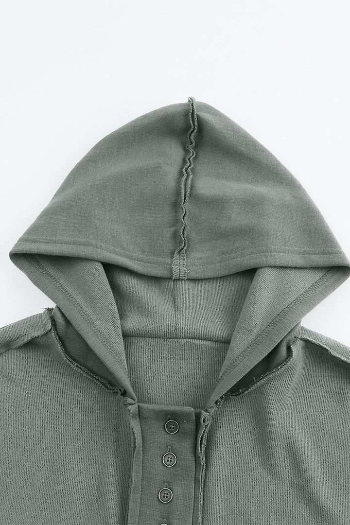 Quarter-Button Exposed Seam Dropped Shoulder Hoodie - Sweatshirts & Hoodies - FITGGINS