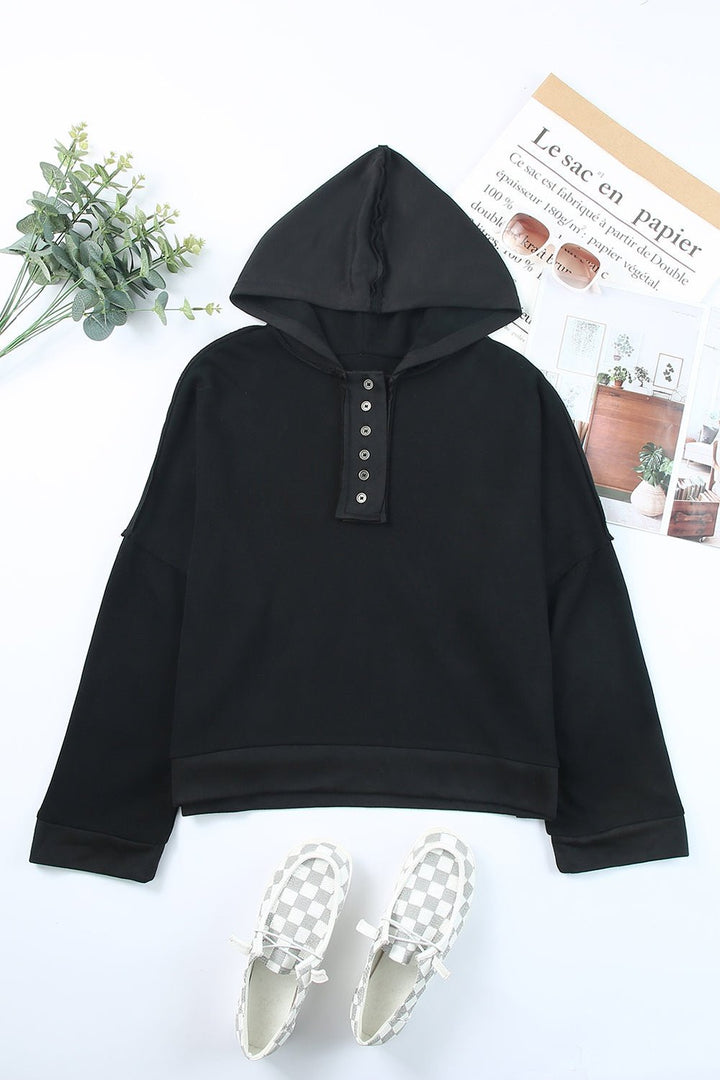 Quarter-Button Exposed Seam Dropped Shoulder Hoodie - Sweatshirts & Hoodies - FITGGINS