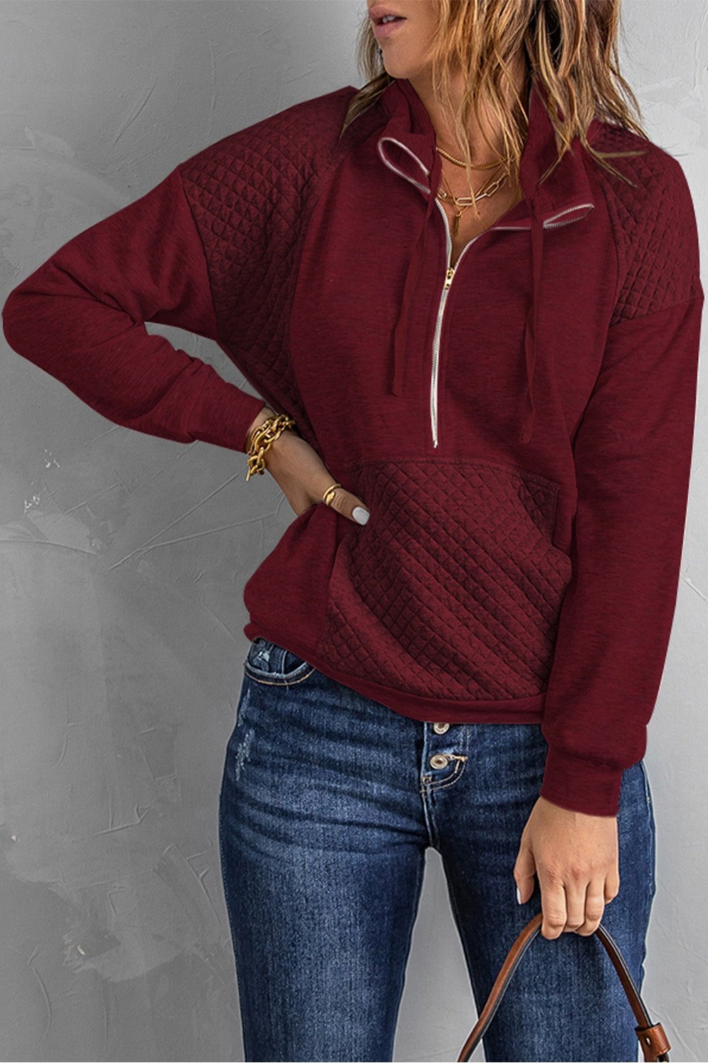 Quilted Half-Zip Sweatshirt with Pocket - Sweatshirts & Hoodies - FITGGINS