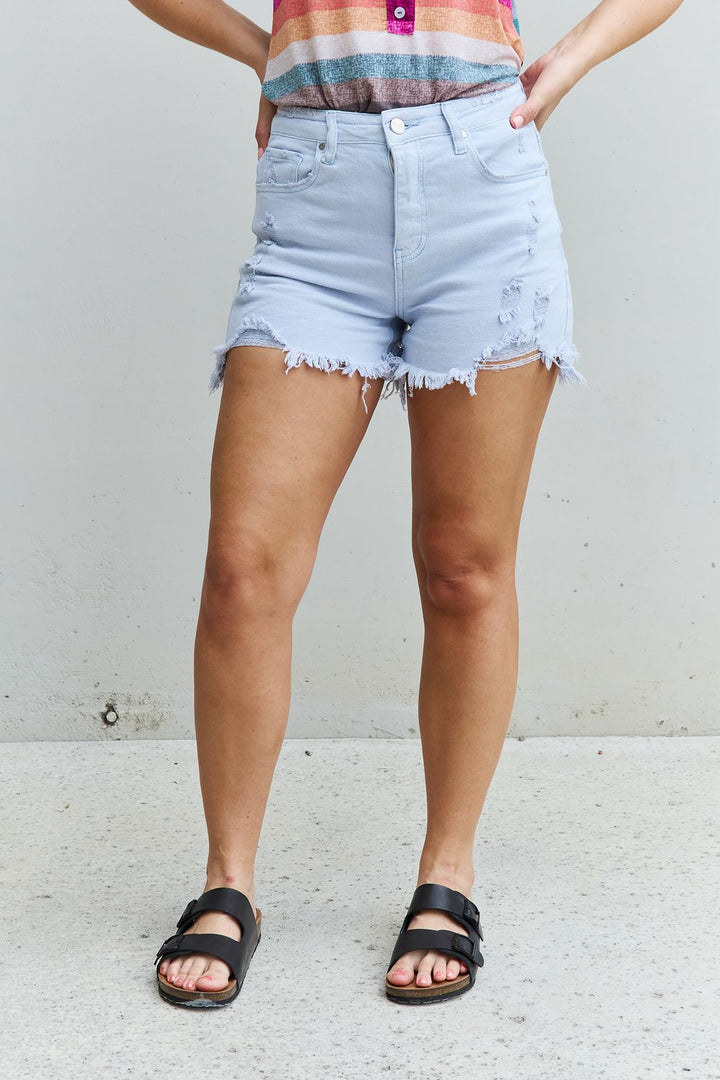 RISEN Katie Full Size High Waisted Distressed Shorts in Ice Blue - Denim Shorts - FITGGINS