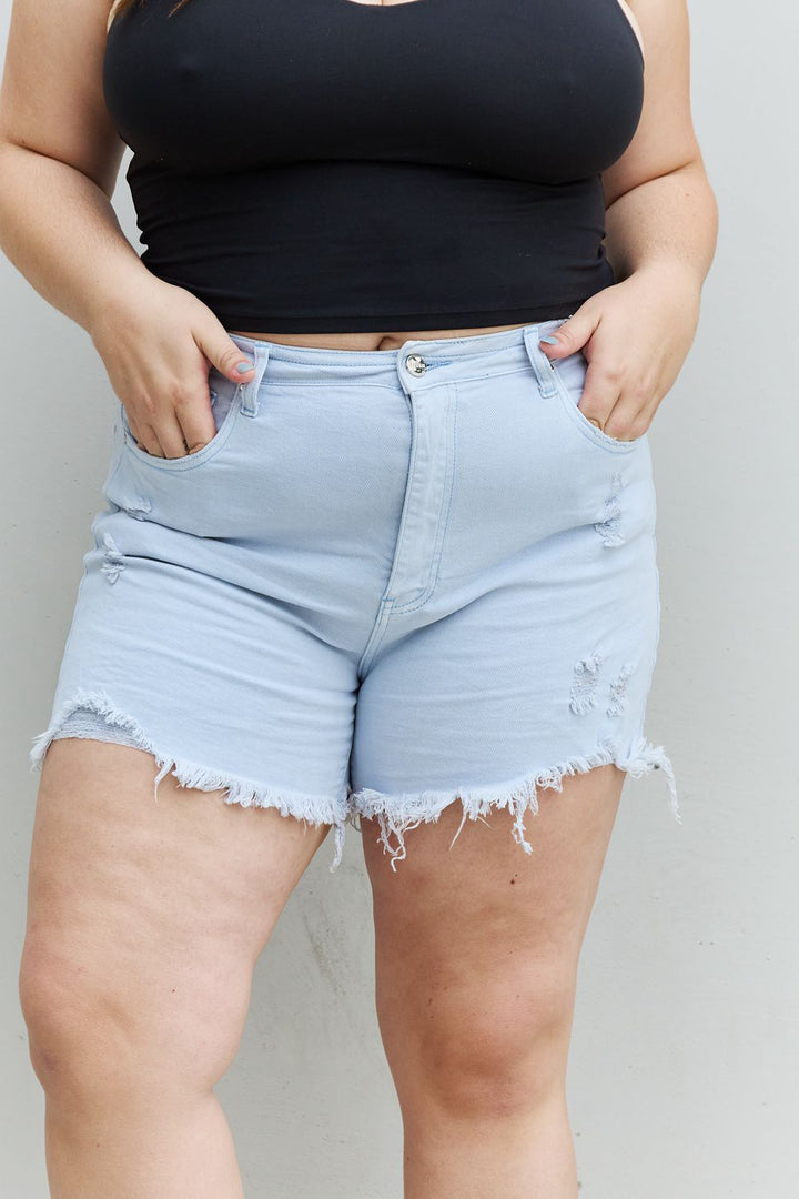 RISEN Katie Full Size High Waisted Distressed Shorts in Ice Blue - Denim Shorts - FITGGINS