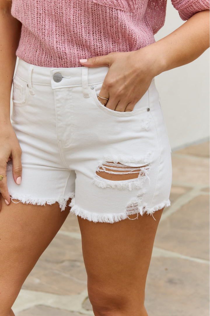 RISEN Lily High Waisted Distressed Shorts - Denim Shorts - FITGGINS