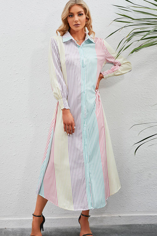 Rainbow Stripe Button-Up Maxi Shirt Dress - Casual & Maxi Dresses - FITGGINS