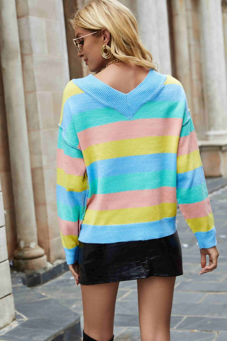 Rainbow Stripe Exposed Seam V-Neck Sweater - Pullover Sweaters - FITGGINS