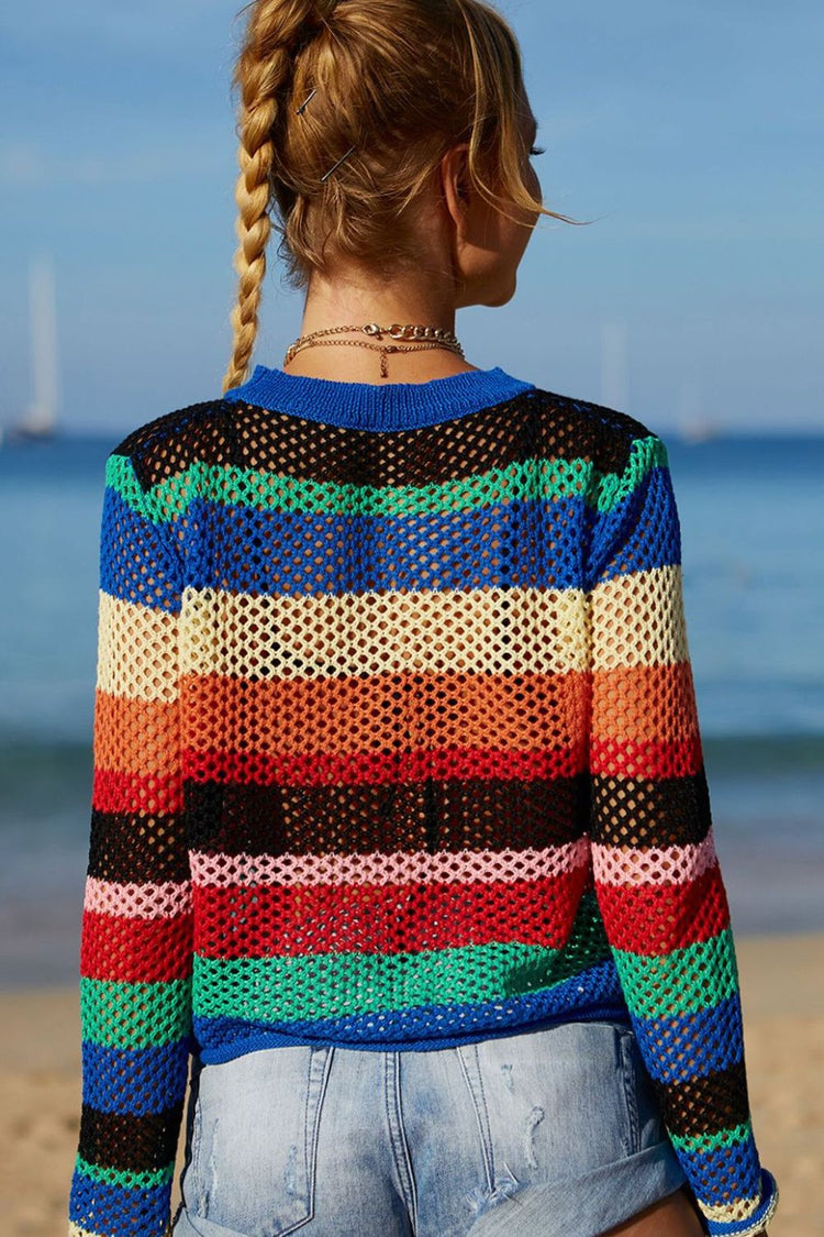 Rainbow Stripe Openwork Long Sleeve Cover-Up - Cover-Ups - FITGGINS