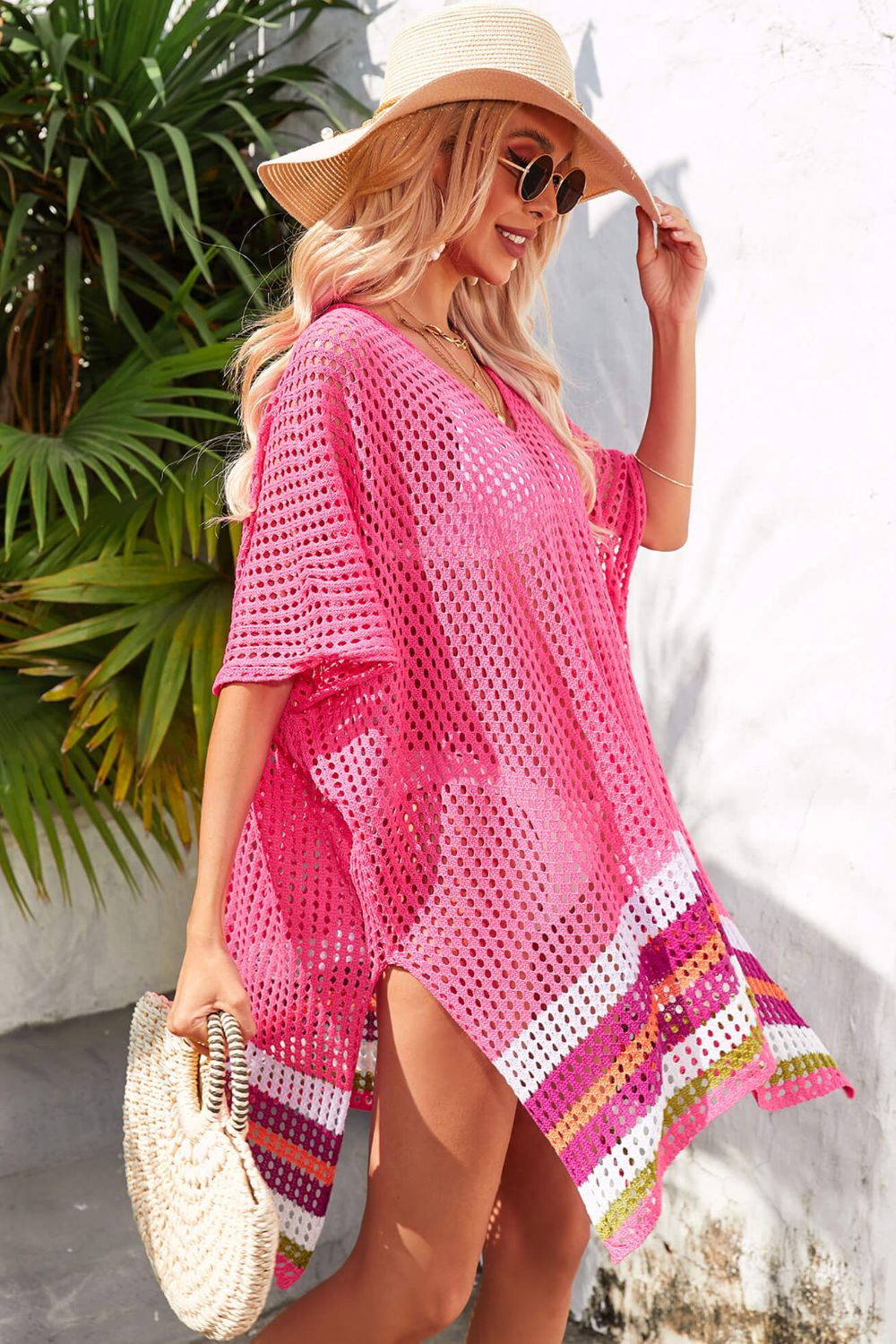 Rainbow Stripe Openwork Slit Cover-Up - Cover-Ups - FITGGINS