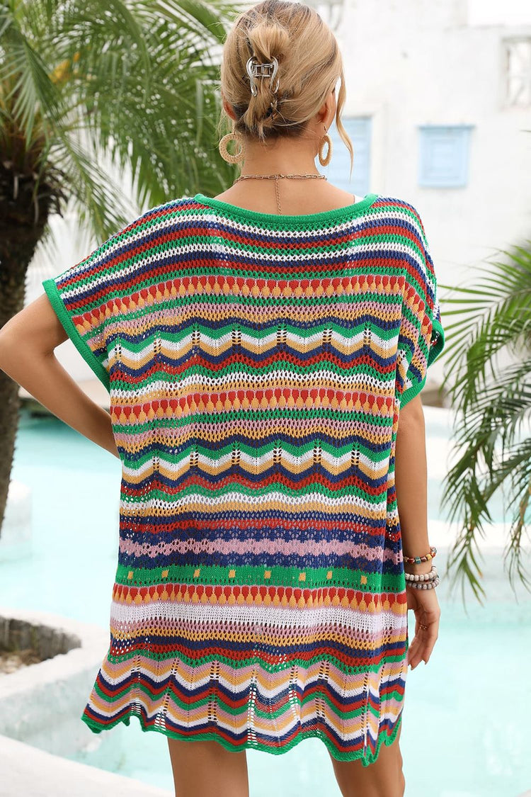 Rainbow Stripe Scalloped V-Neck Cover-Up Dress - Cover-Ups - FITGGINS