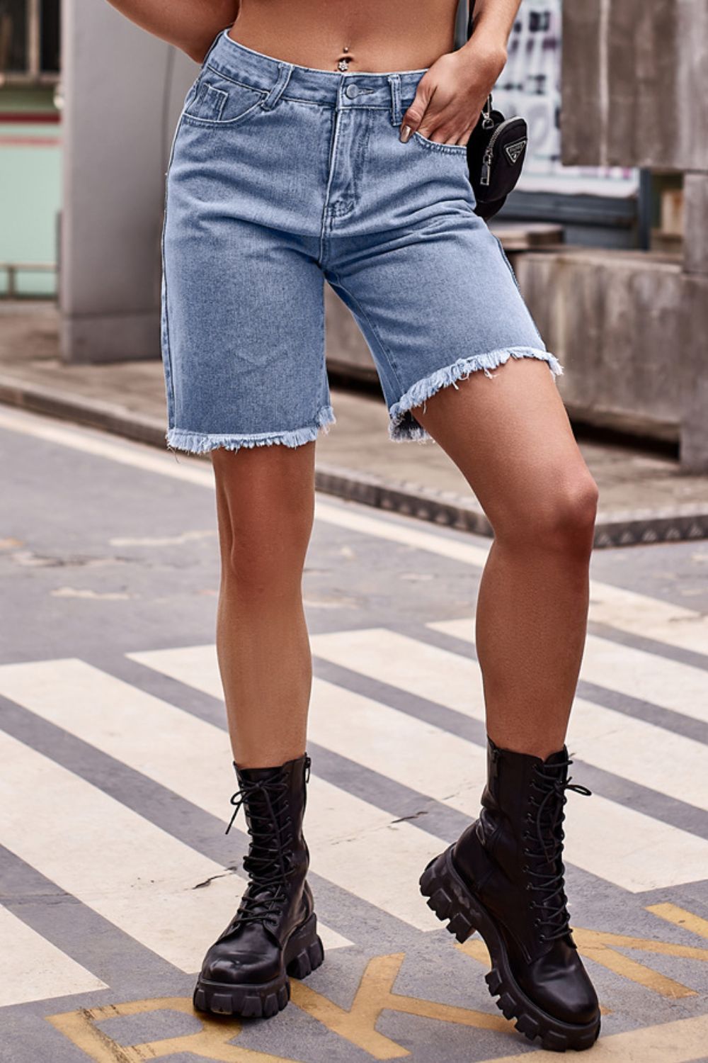 Raw Hem Denim Shorts with Pockets - Denim Shorts - FITGGINS