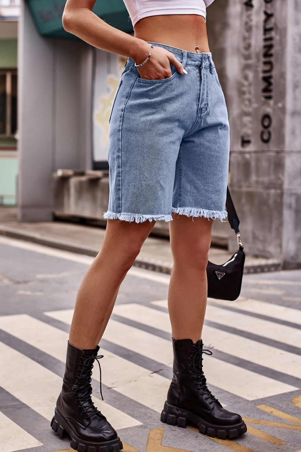 Raw Hem Denim Shorts with Pockets - Denim Shorts - FITGGINS