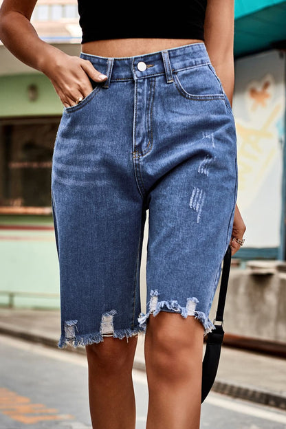 Raw Hem High Waist Denim Shorts with Pockets - Denim Shorts - FITGGINS