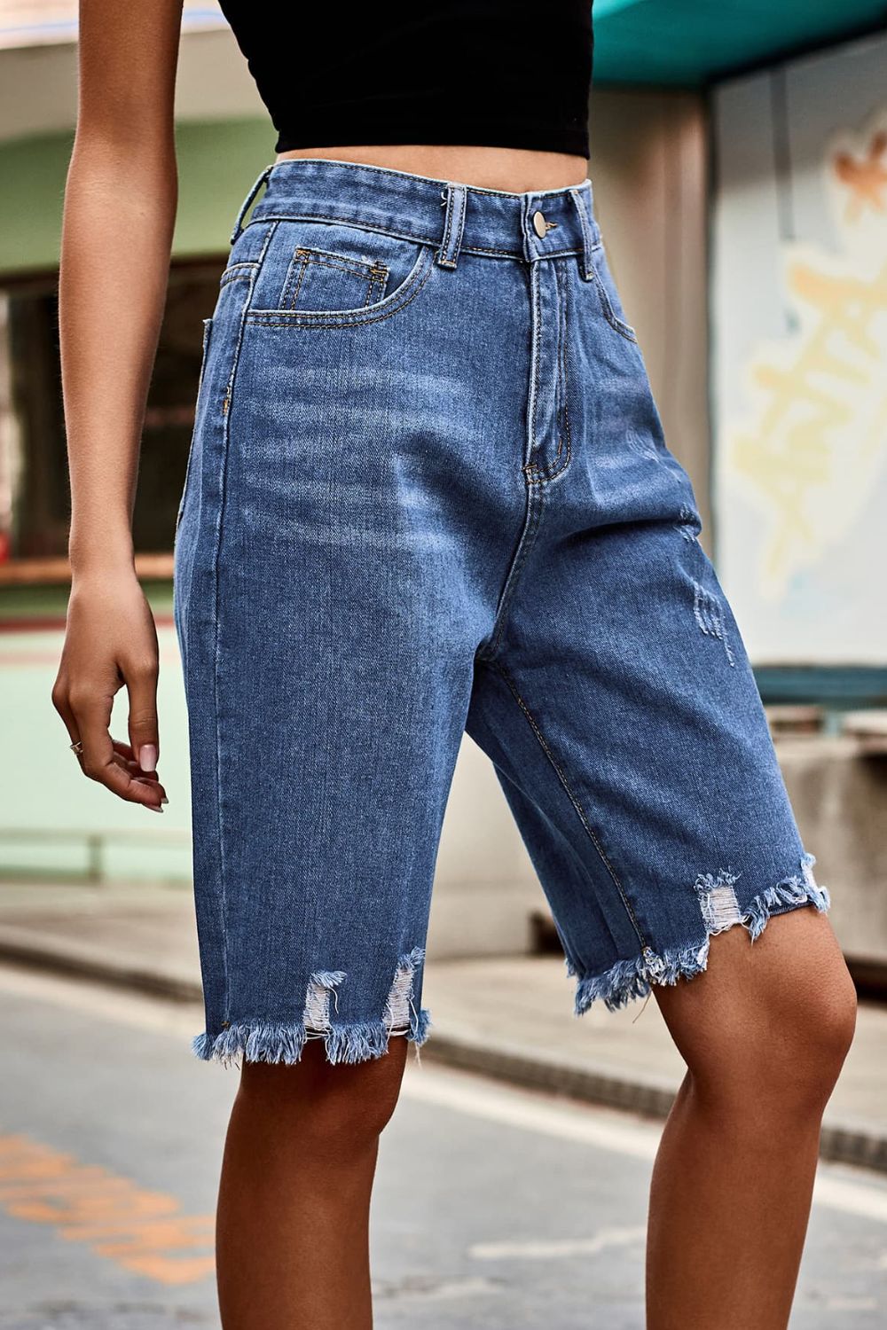 Raw Hem High Waist Denim Shorts with Pockets - Denim Shorts - FITGGINS