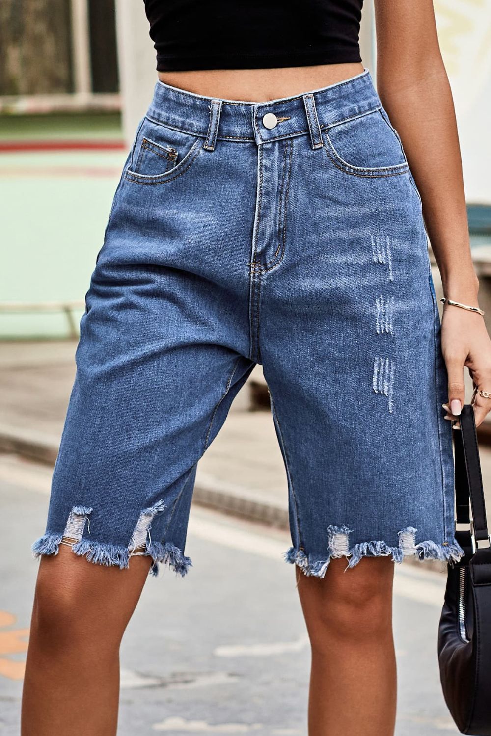 Raw Hem High Waist Denim Shorts with Pockets - Denim Shorts - FITGGINS