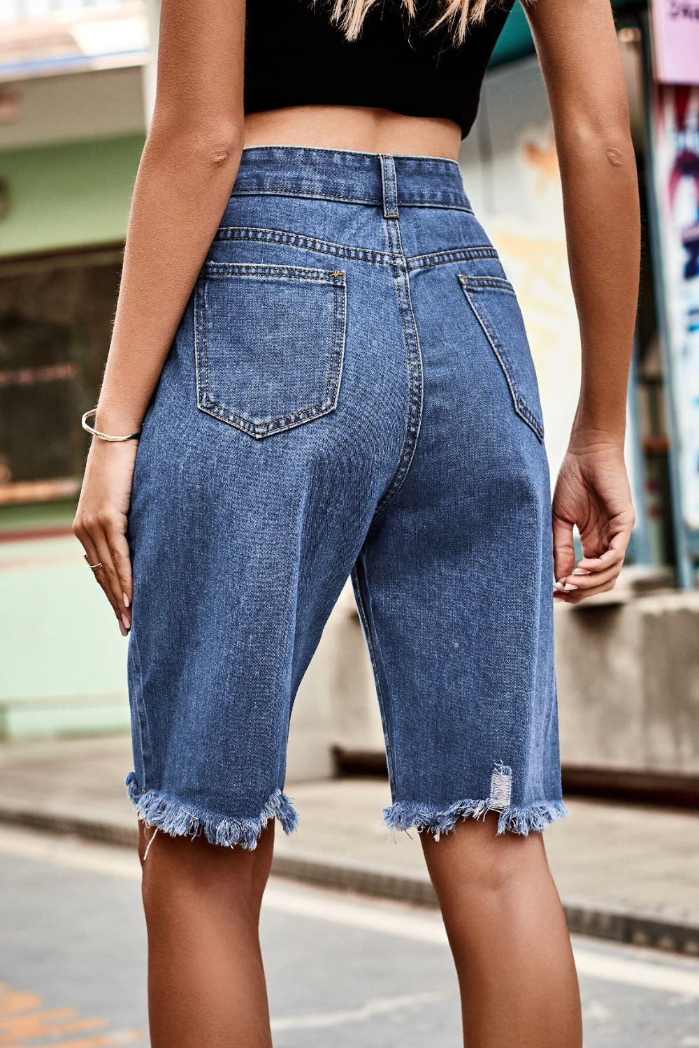 Raw Hem High Waist Denim Shorts with Pockets - Denim Shorts - FITGGINS