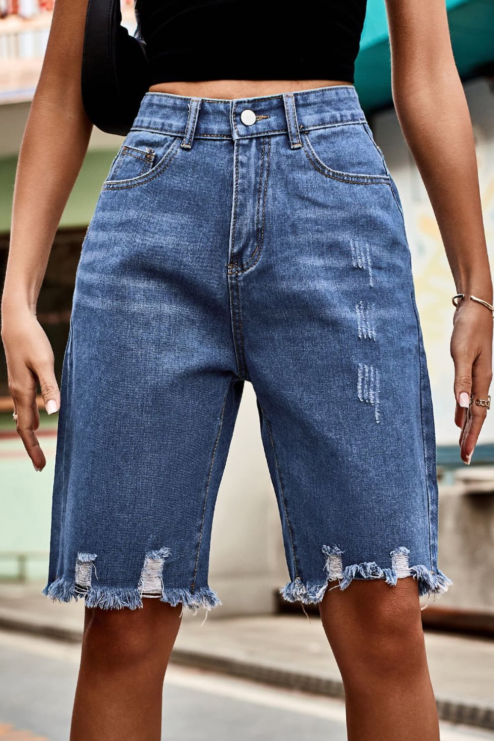 Raw Hem High Waist Denim Shorts with Pockets - Denim Shorts - FITGGINS