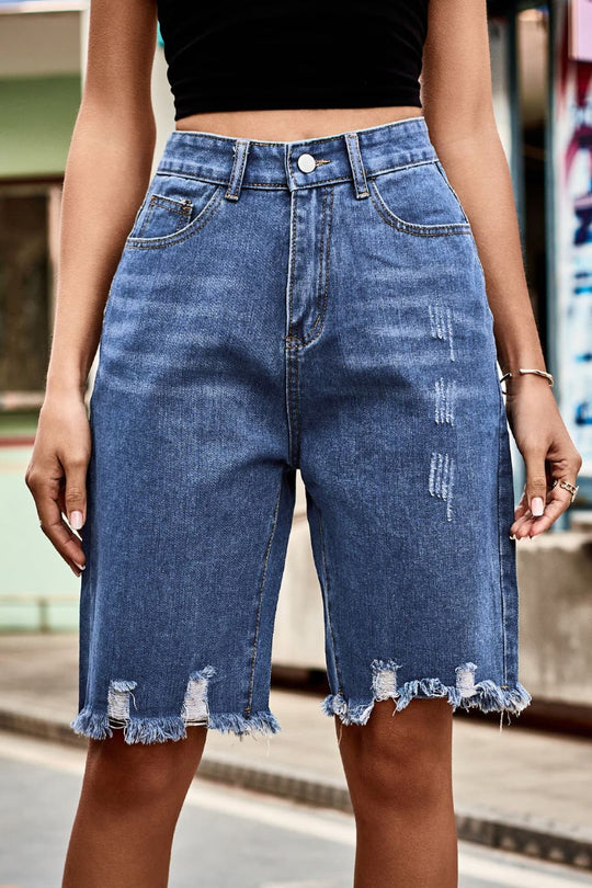Raw Hem High Waist Denim Shorts with Pockets - Denim Shorts - FITGGINS