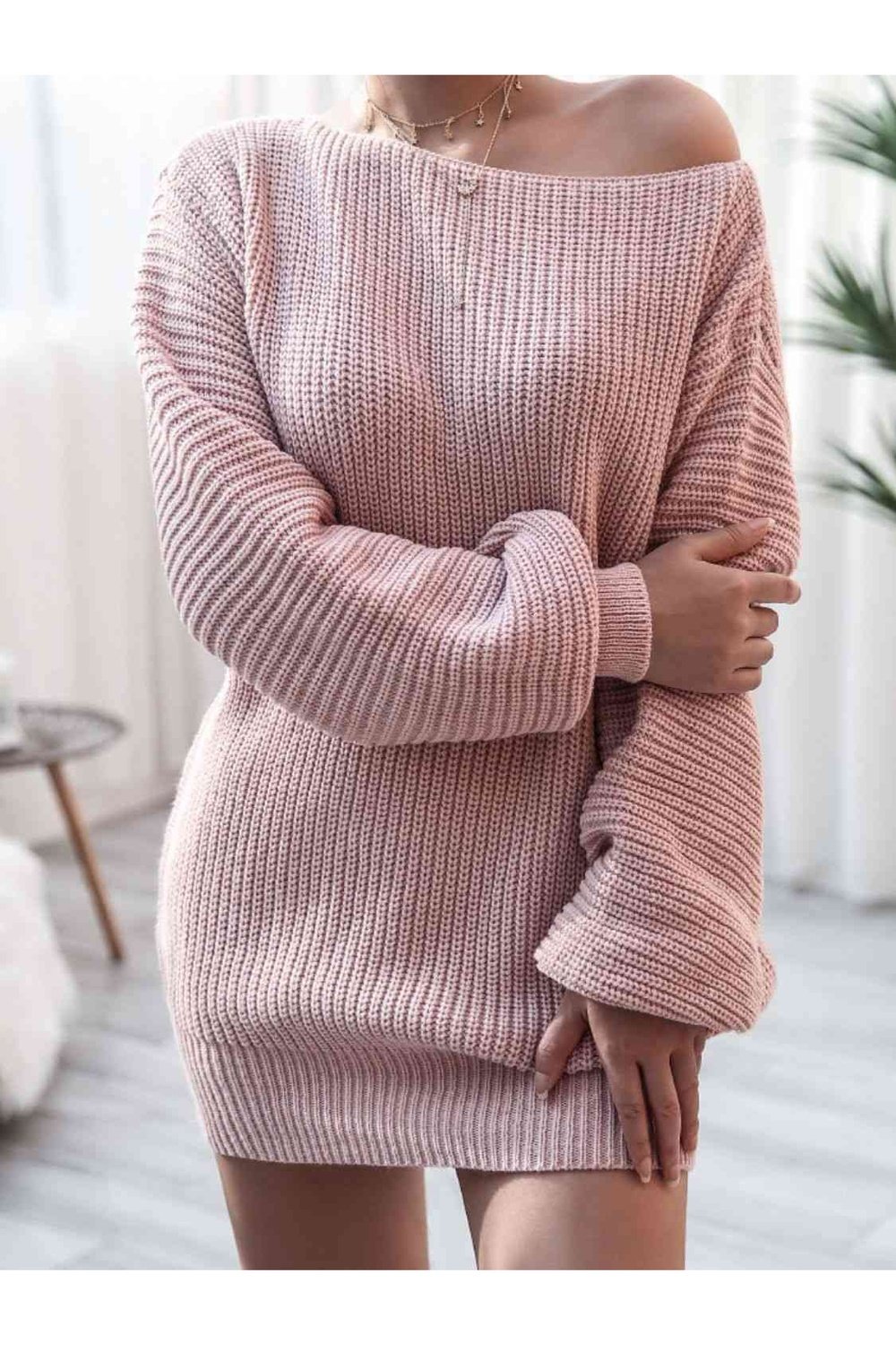 Rib-Knit Balloon Sleeve Boat Neck Sweater Dress - Sweater Dresses - FITGGINS