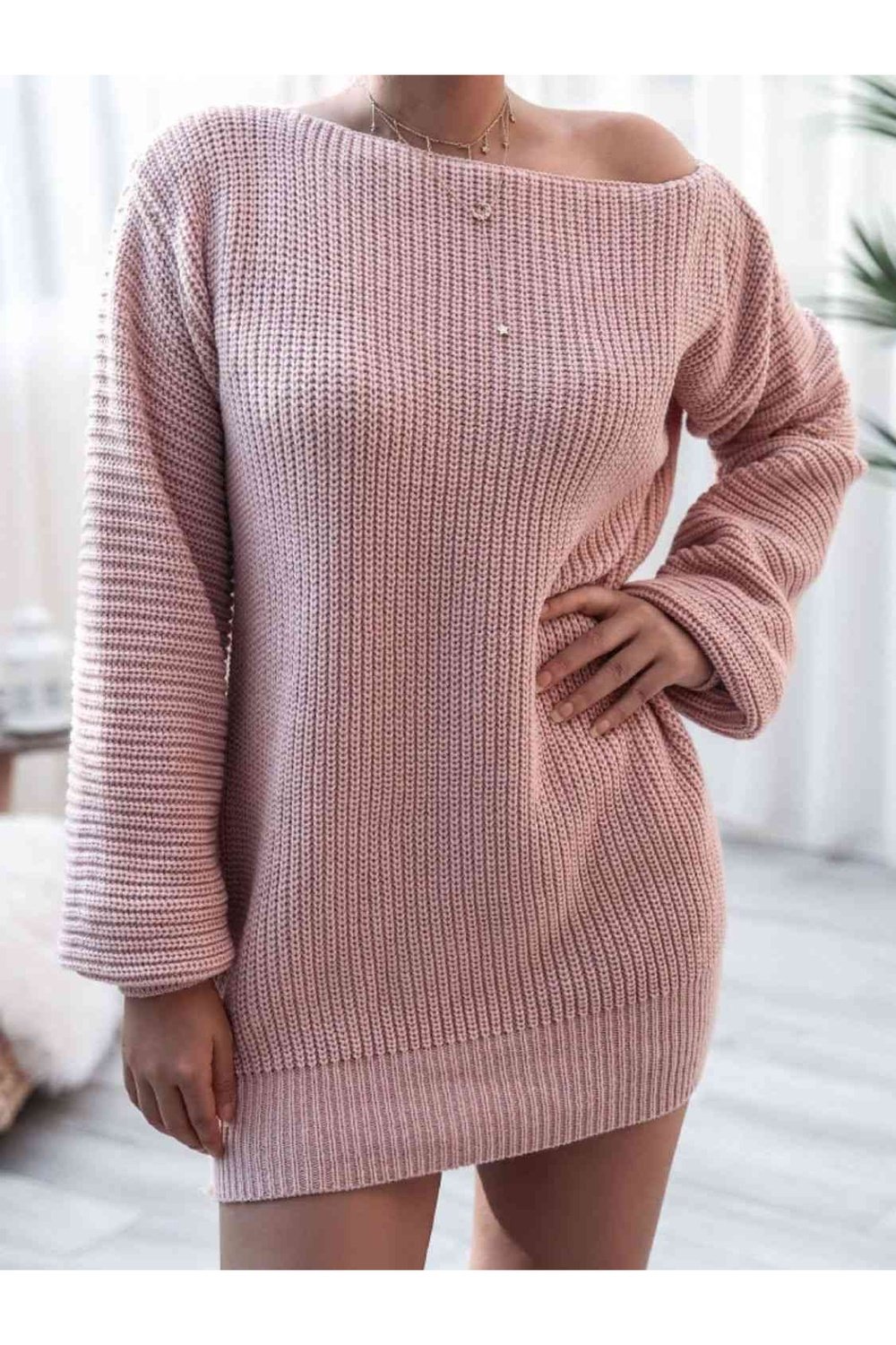 Rib-Knit Balloon Sleeve Boat Neck Sweater Dress - Sweater Dresses - FITGGINS